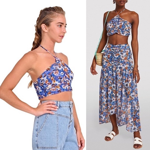 MISA LOS ANGELES Floral Ruched Smocked Sleeveless Halter Neck Chiffon Crop Top M - Picture 4 of 16